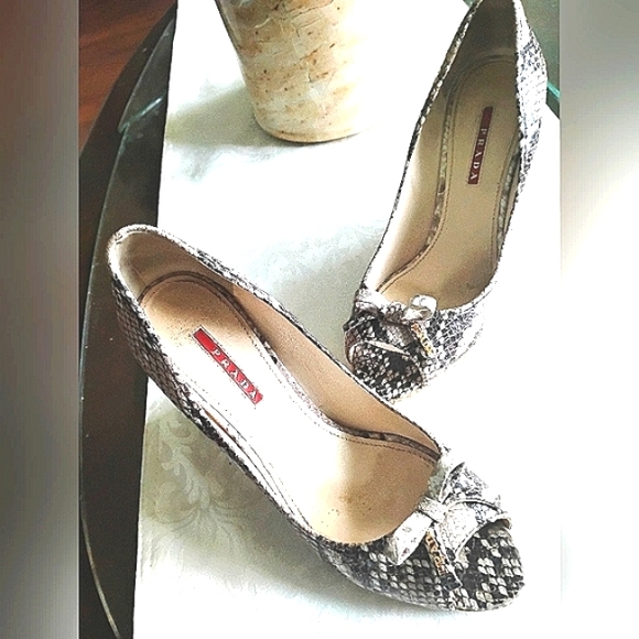 PRADA PYTHON SNAKESKIN LEATHER TAN BROWN LOGO CORK WEDGE HEELS PUMPS 8.5 - Picture 4 of 14